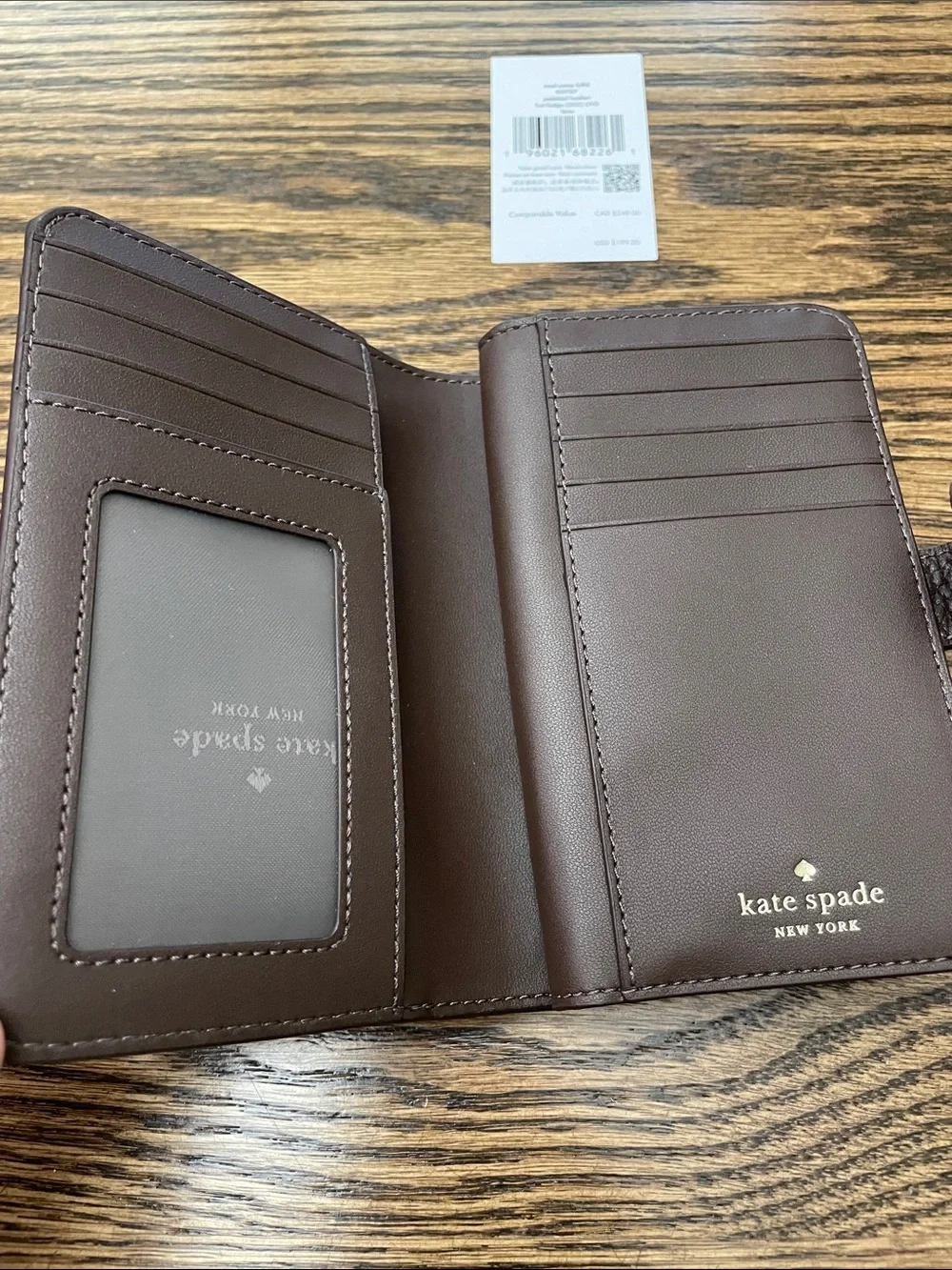 NWT kate spade brown pebbled leather zip wallet with gold logo